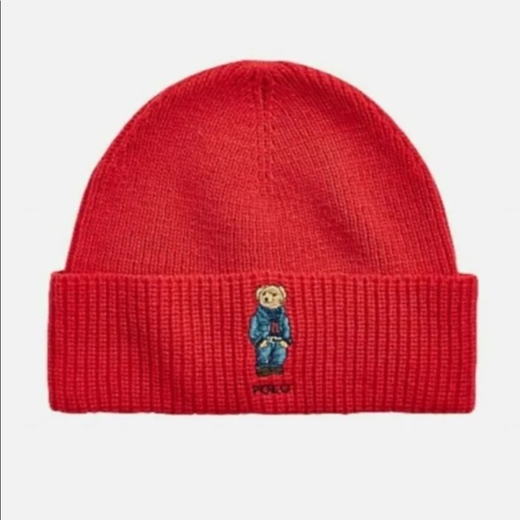 Polo Ralph Lauren Red Polo Bear Denim College Bear Knit Beanie Winter Ha…